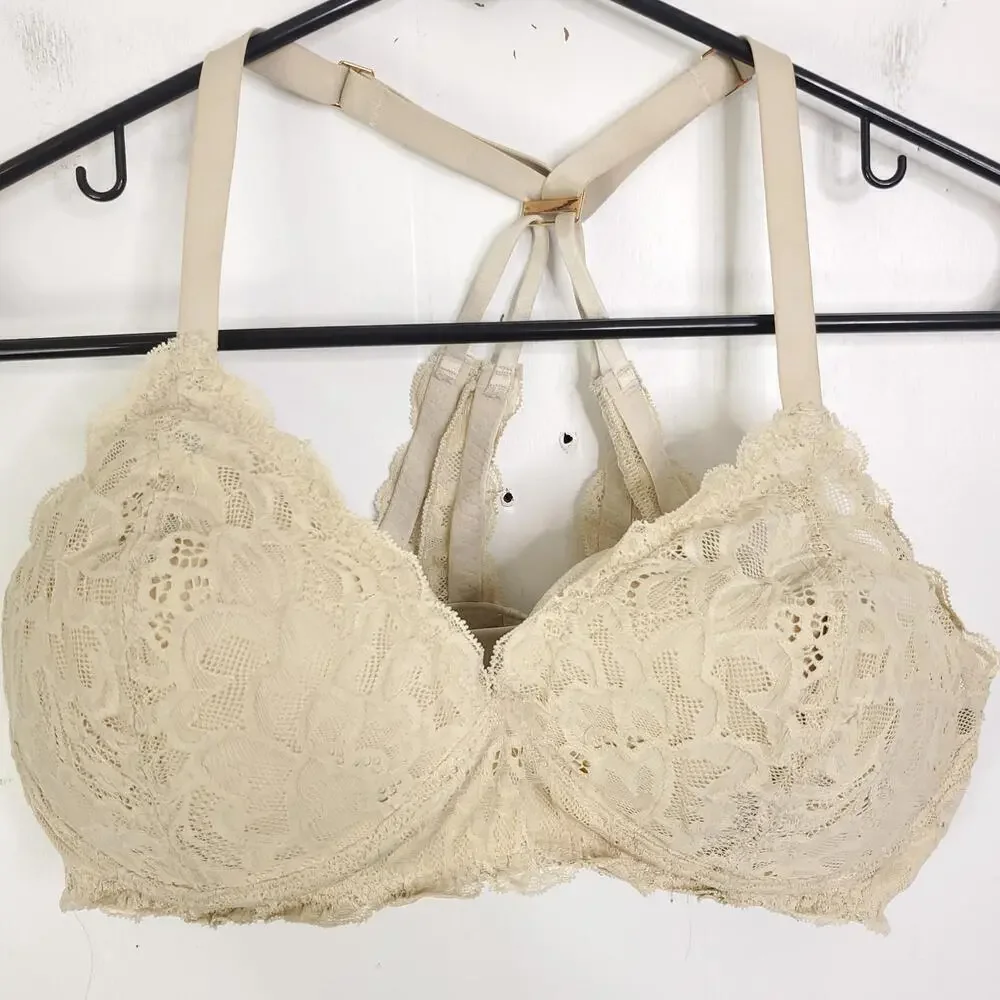 Aerie Bra Womens 36B Lace Bralette Padded Cups Strappy Crossed Back Cream